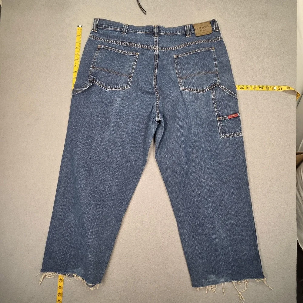 Chaps Denim Jeans Mens 40x27‎ Blue Carpenter Relaxed Straight Raw Hem Distressed